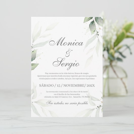 Elegant groen bruiloft uitnodiging in het Spaans (Staand voorkant)