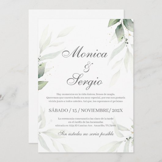 Elegant groen bruiloft uitnodiging in het Spaans (Voorkant / Achterkant)