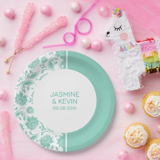 Elegant groen Damask & Wit Split Screen Papieren Bordje (Feest)