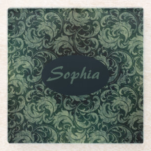 Elegant groen  damast bloemmotief glazen onderzetter