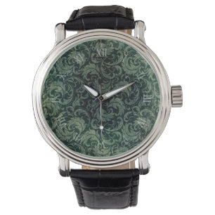 Elegant groen  damast bloemmotief horloge