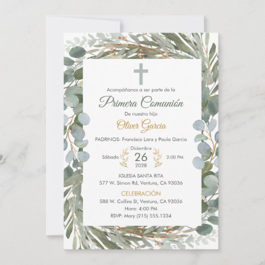 Elegant groen eerste communie in het Spaans Schatt Kaart (Voorkant)