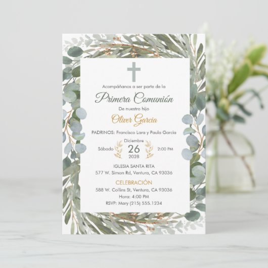 Elegant groen eerste communie in het Spaans Schatt Kaart (Staand voorkant)