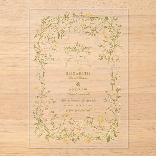 Elegant groen en blos Lijst bruiloft Acryl Uitnodigingen (Voorkant)