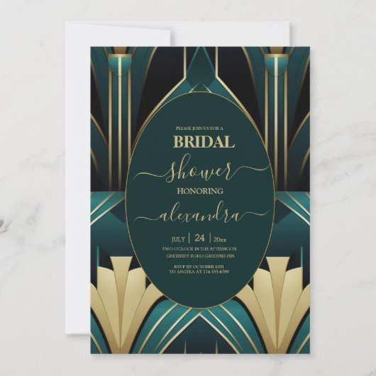 Elegant Groen en Goud Art Deco Vrijgezellenfeest Kaart (Voorkant)