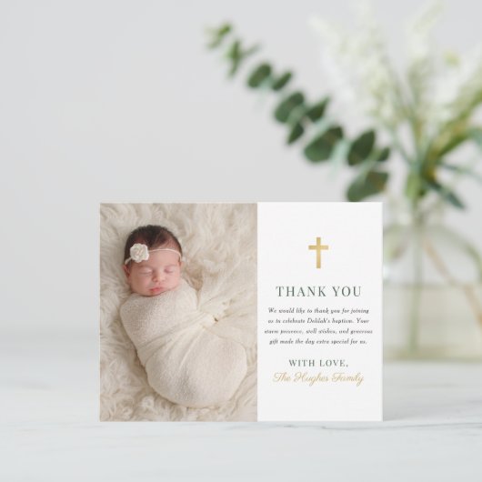 Elegant Groen en Goud Baby Meisje Dopen Foto Bedankkaart (Staand voorkant)