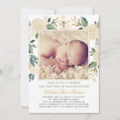 Elegant Groen en Goud Bloemen Meisje Doop Foto Kaart (Voorkant)