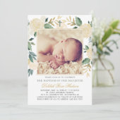 Elegant Groen en Goud Bloemen Meisje Doop Foto Kaart (Staand voorkant)