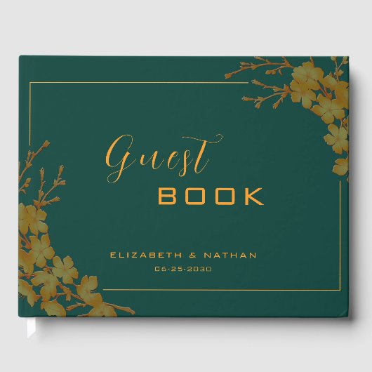 Elegant groen en goud bloemmotief gastboek gastenboek (Voorkant)