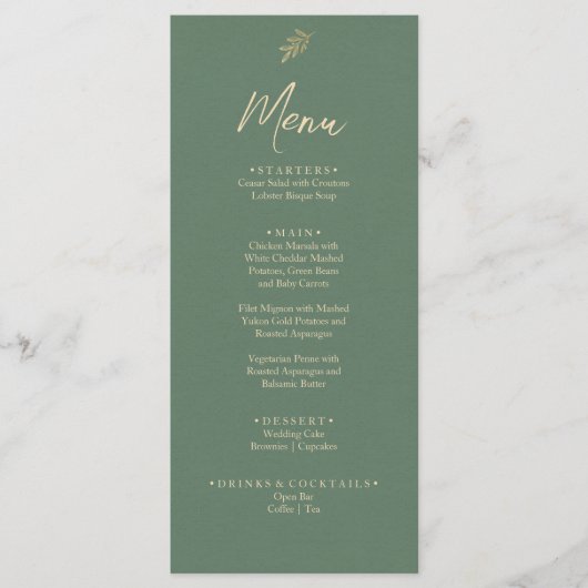 Elegant Groen en Goud Boho Tuin Diner Bruiloft Menu (Voorkant)