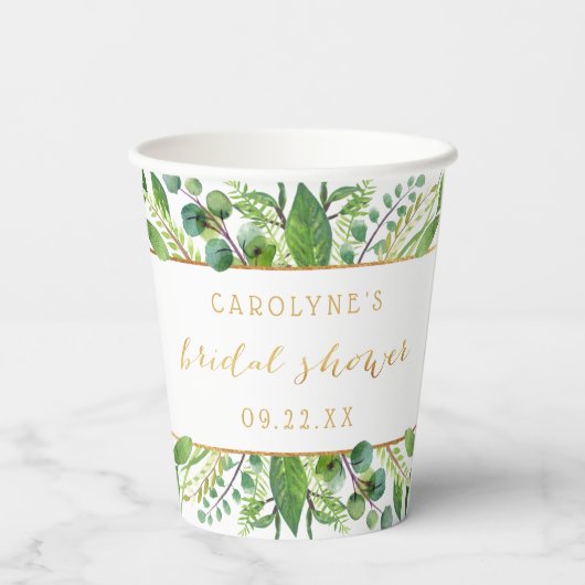 Elegant groen en goud bruidsmeisjesfeest papieren bekers (Achterkant)