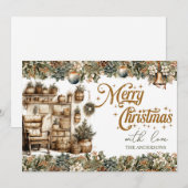Elegant groen en goud gezellig kerstinterieur feestdagenkaart (Voorkant / Achterkant)