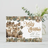 Elegant groen en goud gezellig kerstinterieur feestdagenkaart (Staand voorkant)