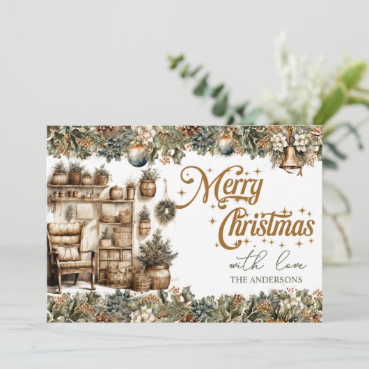 Elegant groen en goud gezellig kerstinterieur feestdagenkaart (Staand voorkant)