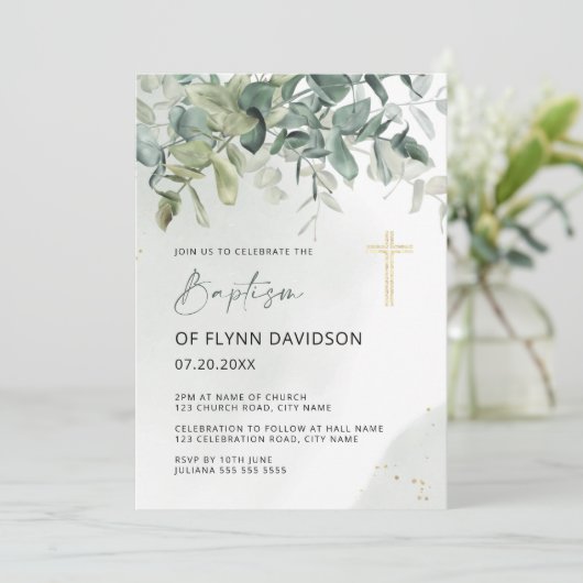 Elegant groen en goud groen blad doop kaart (Staand voorkant)