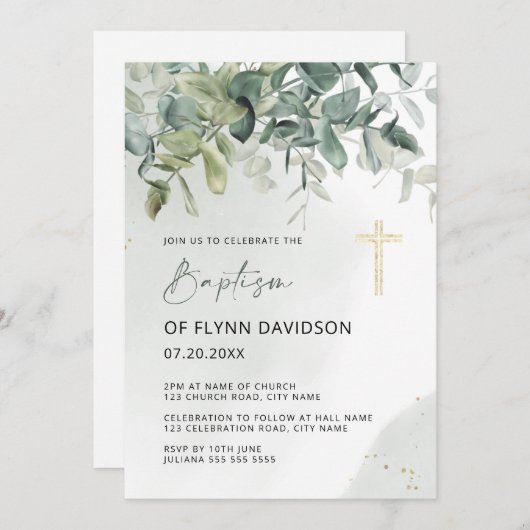 Elegant groen en goud groen blad doop kaart (Voorkant / Achterkant)