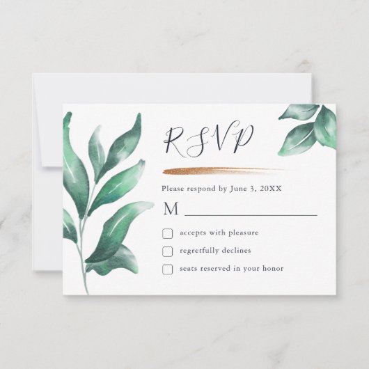 Elegant groen en goud minimalistisch RSVP kaartje (Voorkant)