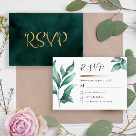 Elegant groen en goud minimalistisch RSVP kaartje