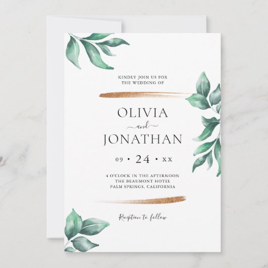 Elegant groen en goud minimalistische bruiloft kaart (Voorkant)