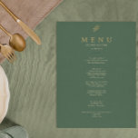 Elegant groen en goud minimalistische bruiloft men menu<br><div class="desc">Een elegant fancy en stijlvol gouden en groene chique huwelijksdiner menu. Die beschikt over line art rustieke eucalyptus gouden blad en smaragd salie groene achtergrond met namen van man en vrouw en datum. In goudschrift typografie. Pas het aan door op de PERSONALISEREN knop te klikken.</div>