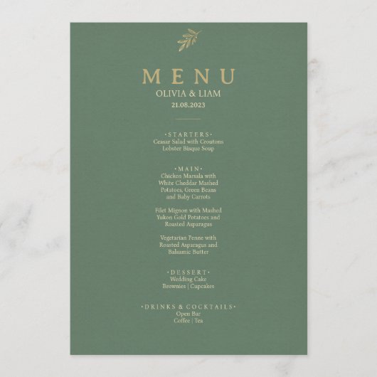 Elegant groen en goud minimalistische bruiloft men menu (Voorkant)