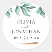 Elegant groen en goud minimalistische bruiloft ronde sticker (Voorkant)