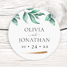 Elegant groen en goud minimalistische bruiloft ronde sticker