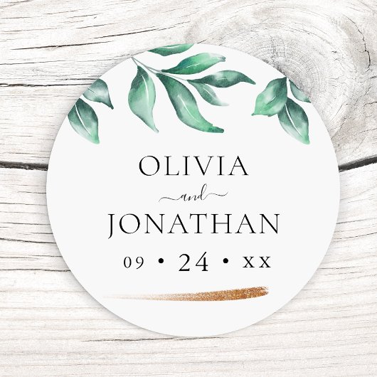 Elegant groen en goud minimalistische bruiloft ronde sticker