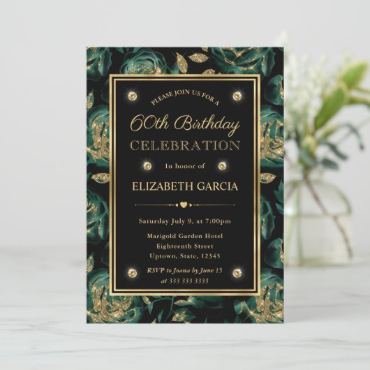 Elegant Groen en Goud Roos Bloemen 60ste Verjaarda Kaart (Staand voorkant)