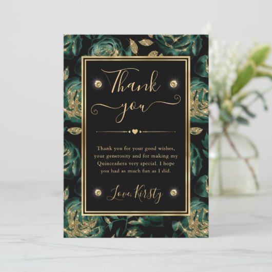 Elegant Groen en Goud Roos Bloemen Quinceanera Bedankkaart (Staand voorkant)