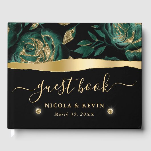 Elegant Groen en Goud Roos Bloemenbruiloft Gastenboek (Voorkant)