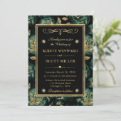Elegant Groen en Goud Roos Bloemenpatroon Bruiloft Kaart (Staand voorkant)