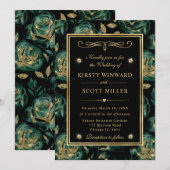 Elegant Groen en Goud Roos Bloemenpatroon Bruiloft Kaart (Voorkant / Achterkant)