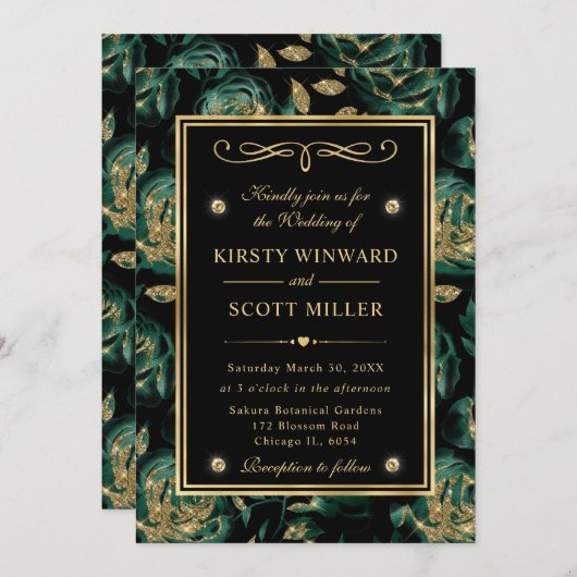 Elegant Groen en Goud Roos Bloemenpatroon Bruiloft Kaart (Voorkant / Achterkant)