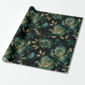 Elegant groen en goud Roos bloemenpatroon Cadeaupapier (Uitgerold)