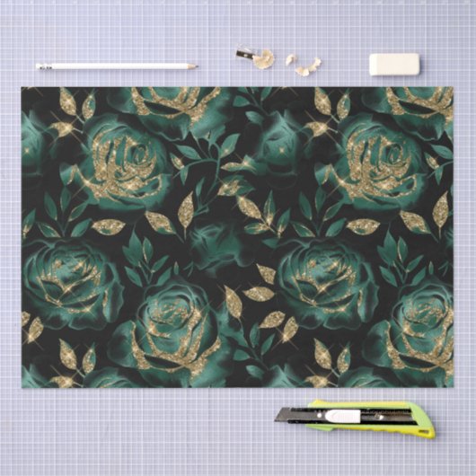 Elegant groen en goud Roos bloemenpatroon Tissuepapier (Craft)