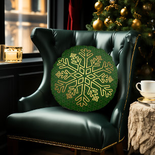 Elegant Groen en Goud Sneeuwvlok Decoratief Rond Kussen