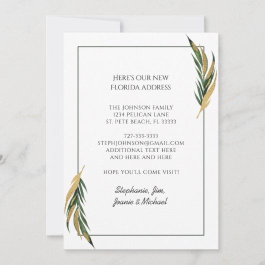 Elegant Groen en Goud Tropisch Boeket Nieuw Huis Aankondiging (Achterkant)