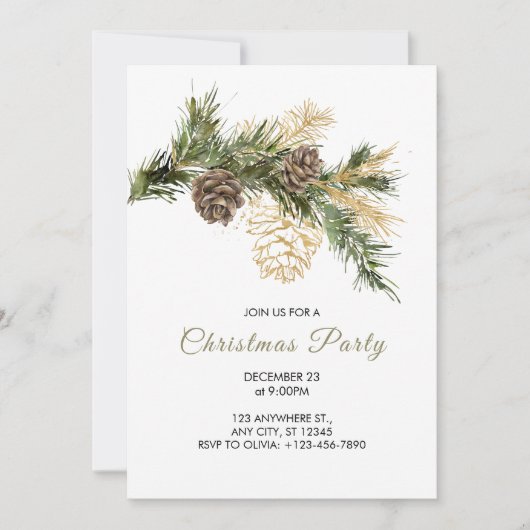 Elegant Groen en Goud Waterverf Kerstfeest Kaart (Voorkant)