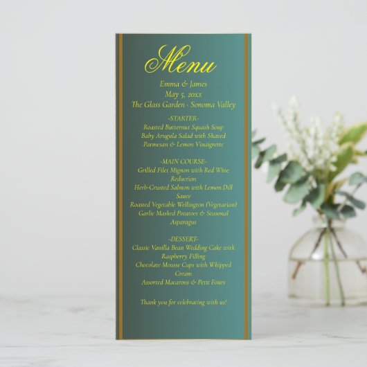 Elegant Groen en Goud Wedding Menu (Staand voorkant)