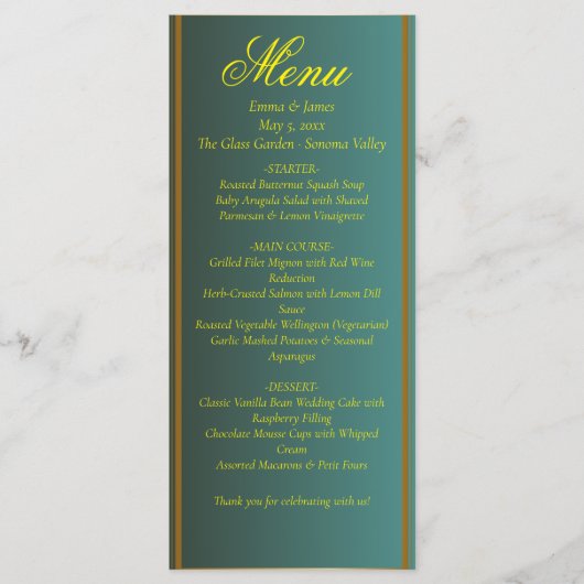 Elegant Groen en Goud Wedding Menu (Voorkant)