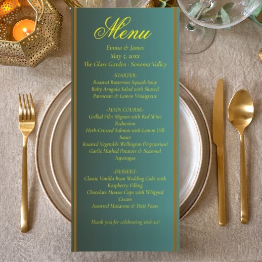 Elegant Groen en Goud Wedding Menu