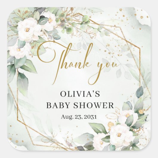 Elegant groen en goud wit bloemen Baby shower Vierkante Sticker (Voorkant)