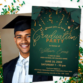 Elegant groen en gouden afstudeerfeest met foto kaart