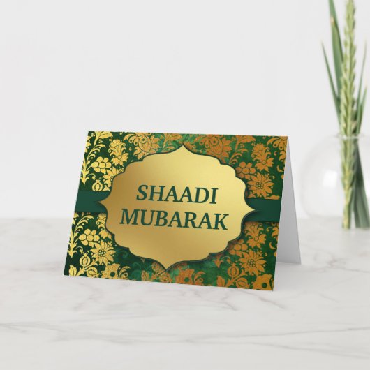 Elegant Groen en Gouden Bloem Shaadi Mubarak Kaart (Voorkant)