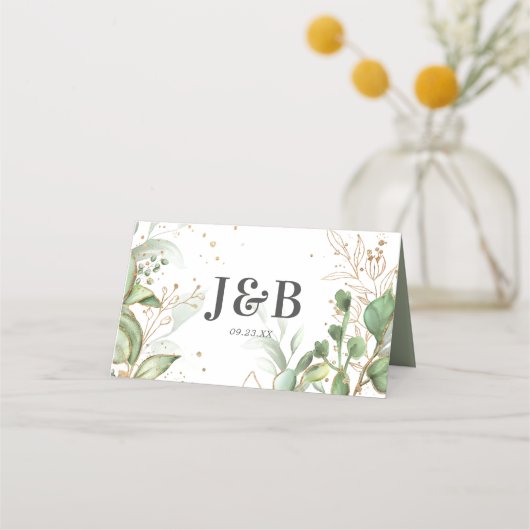 Elegant groen en gouden bruiloft plaatskaartje (Achterkant)