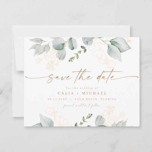 Elegant groen en gouden bruiloft Save the Date Kaart (Voorkant)