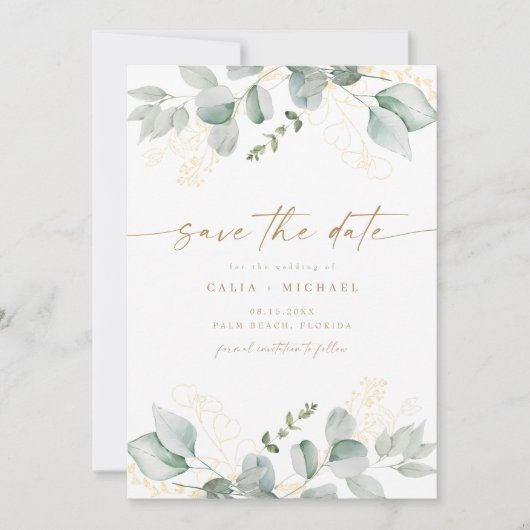 Elegant groen en gouden bruiloft Save the Date Kaart (Voorkant)