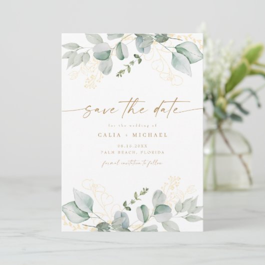 Elegant groen en gouden bruiloft Save the Date Kaart (Staand voorkant)