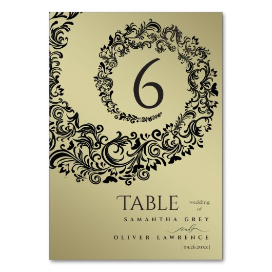 Elegant groen en gouden damasten tafelnummer voor  (Voorkant)